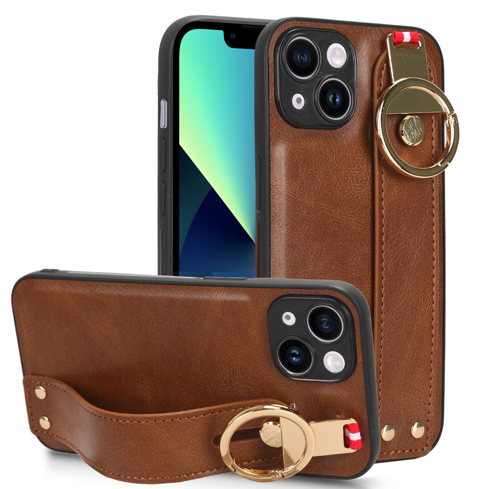 For iPhone 13 6.1 inch PU Leather Coated PC+TPU Phone Case Wristband Kickstand Anti-scratch Cover For iPhone 13 6.1 inch PU Leather Coated PC+TPU Phone Case Wristband Kickstand Anti-scratch Cover